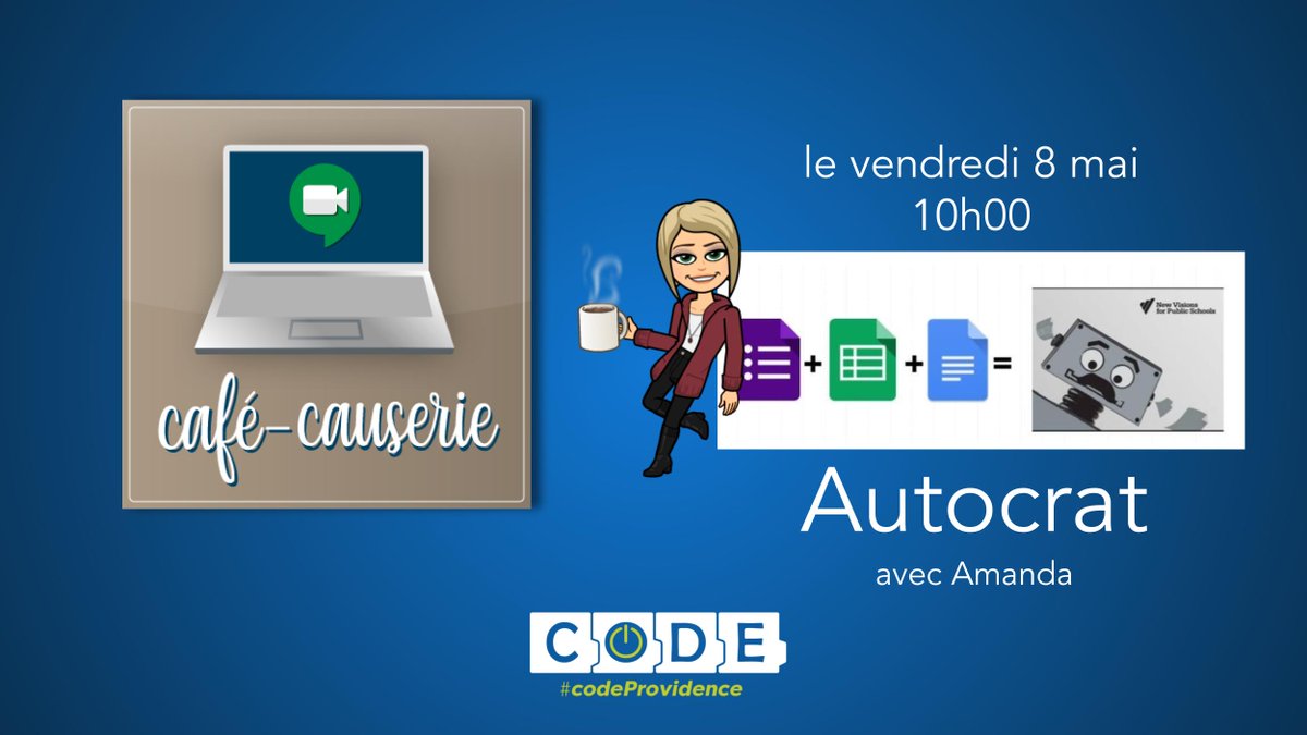 CscpTechnoped's tweet photo. Rejoignez-nous demain matin à 10h00 pour notre Café-causerie #autocrat avec @MmeDeneau via @google_meet @CscProvidence #apprentissageàdistance #codeprovidence #çavabienaller https://t.co/jTpdJu7Mnw
