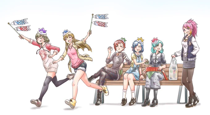 BNDシリーズ59>
こどもの日
ジ「たまに食べると美味いよなぁ」
徳「歩ちゃん。お使いありがとうなのです」
歩「あれ、Pはまだ?」
海「あっ、P!見て見て!こいのぼり!」
昴「まつりが売店で買ってくれたんだ!いいだろー!」
百「もう、ふたりとも元気なんだからぁ」 