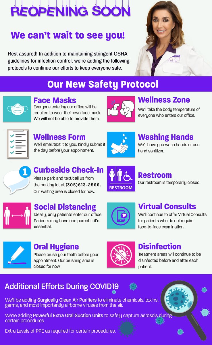DrYazjiOrtho's tweet image. Check our New Safety Protocol 👩‍⚕️😷! We Can't Wait To See Your Smile! 😃#Invisalign #Braces #SmileExpert #Orthodontics #Weston #Brickell #Miami #InThisTogether