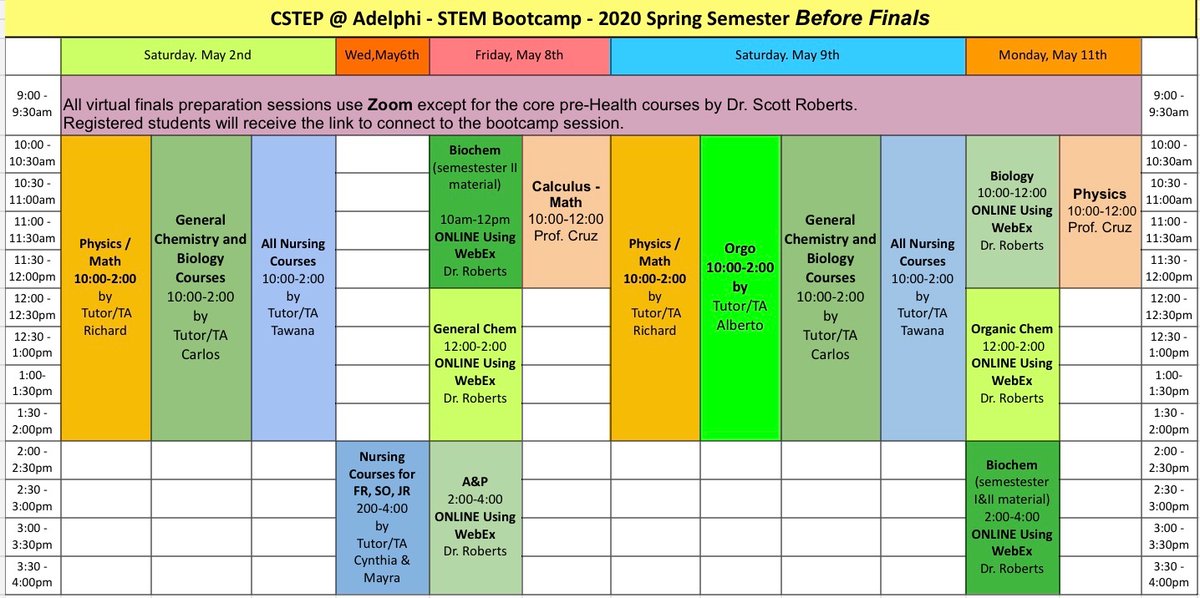 AdelphiCSTEP's tweet image. Our schedule for bootcamp before finals!📚 Make sure to take advantage of this while you can!