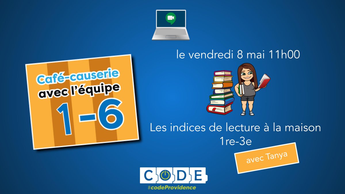 CscpTechnoped's tweet photo. Rejoignez-nous demain matin à 11h00 pour notre Café-causerie “Les indices de lecture à la maison, 1re-3e” avec Tanya via @google_meet @CscProvidence #apprentissageàdistance #codeprovidence #çavabienaller https://t.co/xe60mJCuS5
