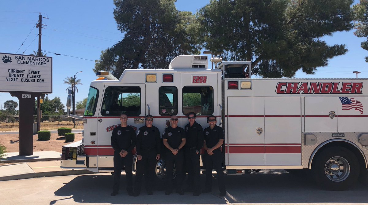 ChandlerFire's tweet photo. With schools being closed, our crews wanted to show how much they appreciate the work teachers do. They stopped by many of our @CUSD schools and took a picture as a way of showing how much we value all that you do! #teacherappreciation #thankyou #chandlerschools #stayhomeaz https://t.co/OyGXZ4enNz