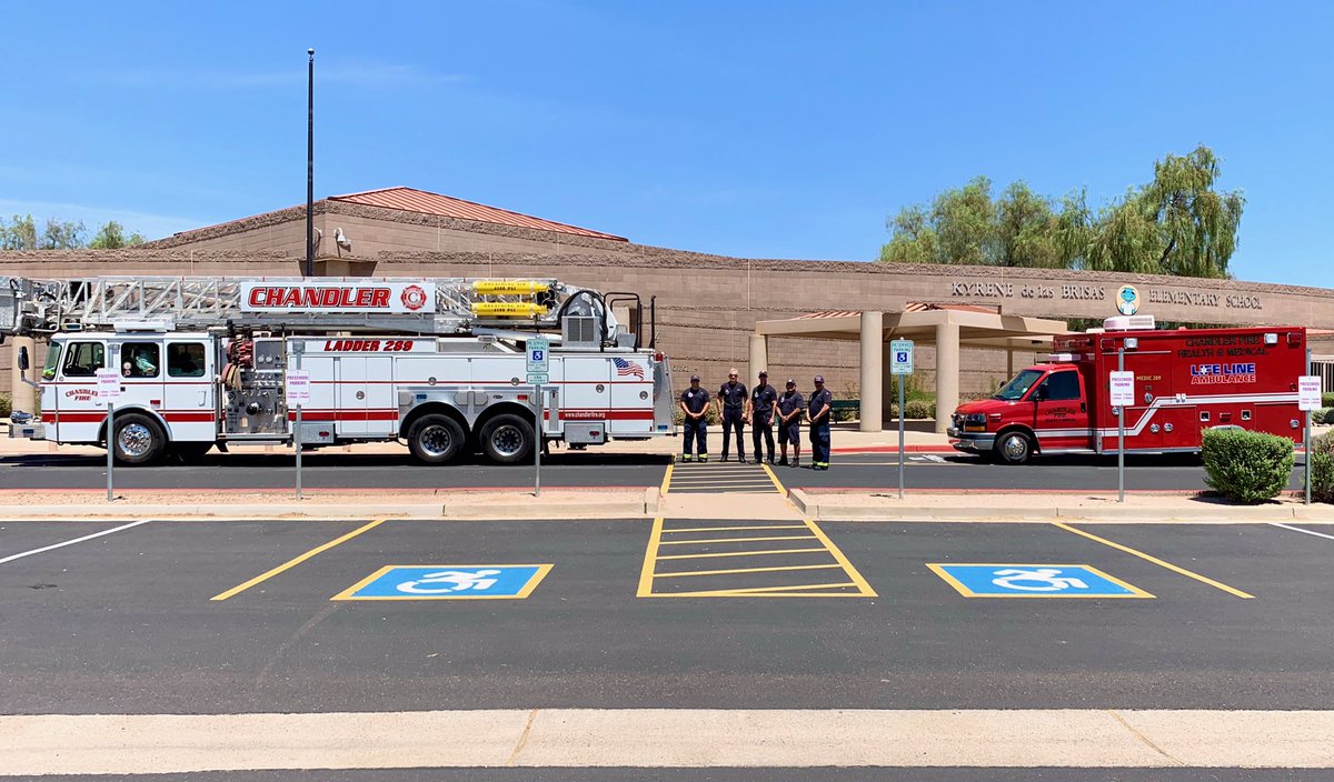 ChandlerFire's tweet photo. With schools being closed, our crews wanted to show how much they appreciate the work teachers do. They stopped by many of our @CUSD schools and took a picture as a way of showing how much we value all that you do! #teacherappreciation #thankyou #chandlerschools #stayhomeaz https://t.co/OyGXZ4enNz