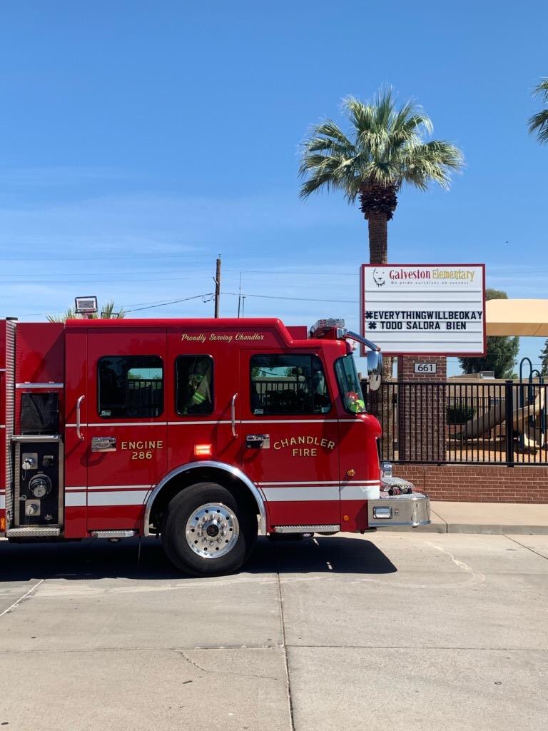 ChandlerFire's tweet photo. With schools being closed, our crews wanted to show how much they appreciate the work teachers do. They stopped by many of our @CUSD schools and took a picture as a way of showing how much we value all that you do! #teacherappreciation #thankyou #chandlerschools #stayhomeaz https://t.co/OyGXZ4enNz