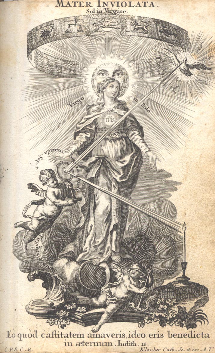 Mater inviolata, ora pro nobis.Mother inviolate, pray for us.The Latin inscription reads:Eo quod castitatem amaveris, ideo eris benedicta in aeternum.“Because she has loved chastity, she will be blessed in eternity” (cf Judith 15:11).