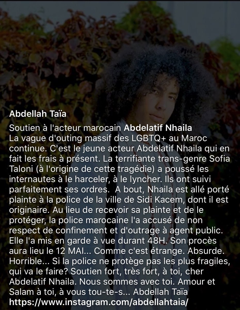 FTVpride's tweet photo. Soutien au comédien #marocain @AbdelatifNhaila ‼️

Victime de la série d’ #outing initiée par #SofiaTaloni, agressé il porte plainte mais c’est lui que la police accuse et son procès est prévu le 12/05 😡

https://t.co/1XhEZeaHXr https://t.co/W7rBdxnWkE