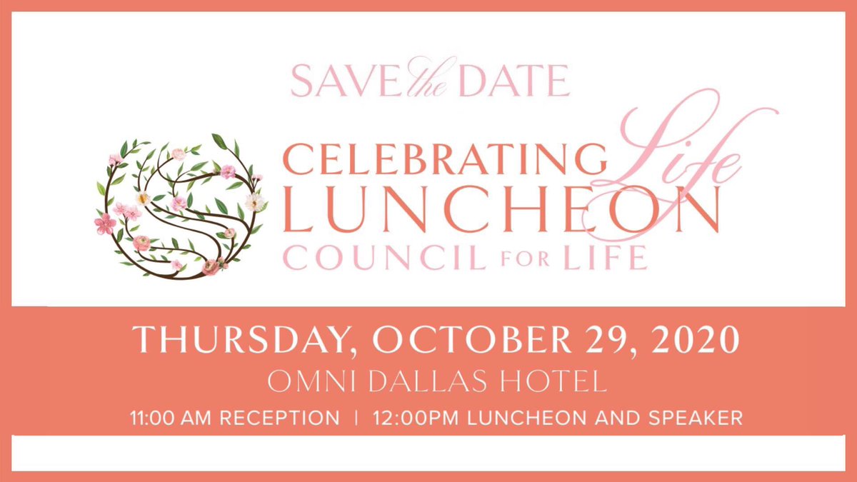 CouncilForLife's tweet photo. 🌸Save the Date for the 19th Annual Celebrating Life Luncheon on October 29 at the Omni Hotel Dallas!
Click here for underwriting opportunities and table sales: https://t.co/ZtzvgrHHco
Speaker and more information to come!
#CelebratingLifeLuncheon #CouncilforLife https://t.co/wrw3QKGe4y