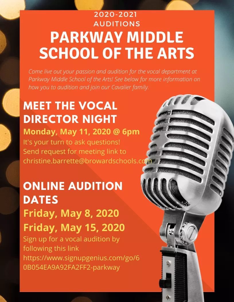 We are looking for the next vocal star🌟✨🌟 Parkway Middle School of the Arts... online auditions happening now 🎼🎤🎼 <a href="/pmsotamagnet/">Parkway Middle School of the Arts</a> <a href="/browardschools/">Broward County Public Schools</a> @magnetprograms <a href="/GiftedBroward/">BrowardGifted</a> <a href="/DrFlem71/">Dr. Jermaine Fleming</a>