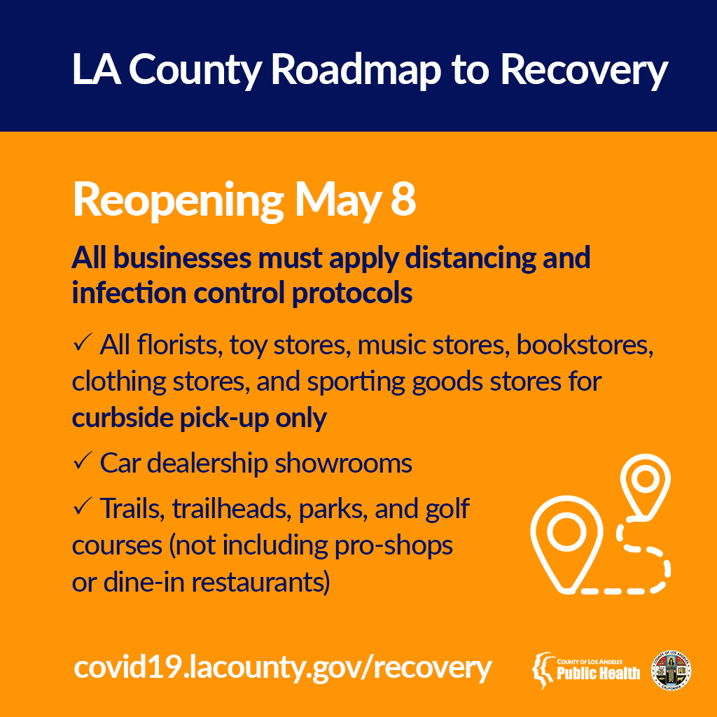 Agoura Hills is following LA County orders to begin the reopening process. Beginning tomorrow, May 8th, certain businesses will be allowed to open for curbside pick-up only. All businesses must adhere to strict reopening guidelines which can be found via: covid19.lacounty.gov/recovery/