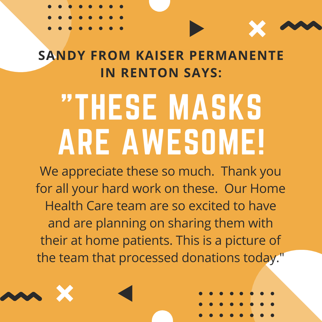 SEACrafters's tweet photo. We received a lovely thank you from Renton's @KaiserPermanente. Their home healthcare workers are wearing our masks as they care for patients in their homes.
#craftersagainstcovid19 #masks4all #WeGotThisWA #WeGotThisSeattle #maskmaking #sewistsoftwitter #covid19 #coronavirus #ppe https://t.co/bz5zqQBmo4