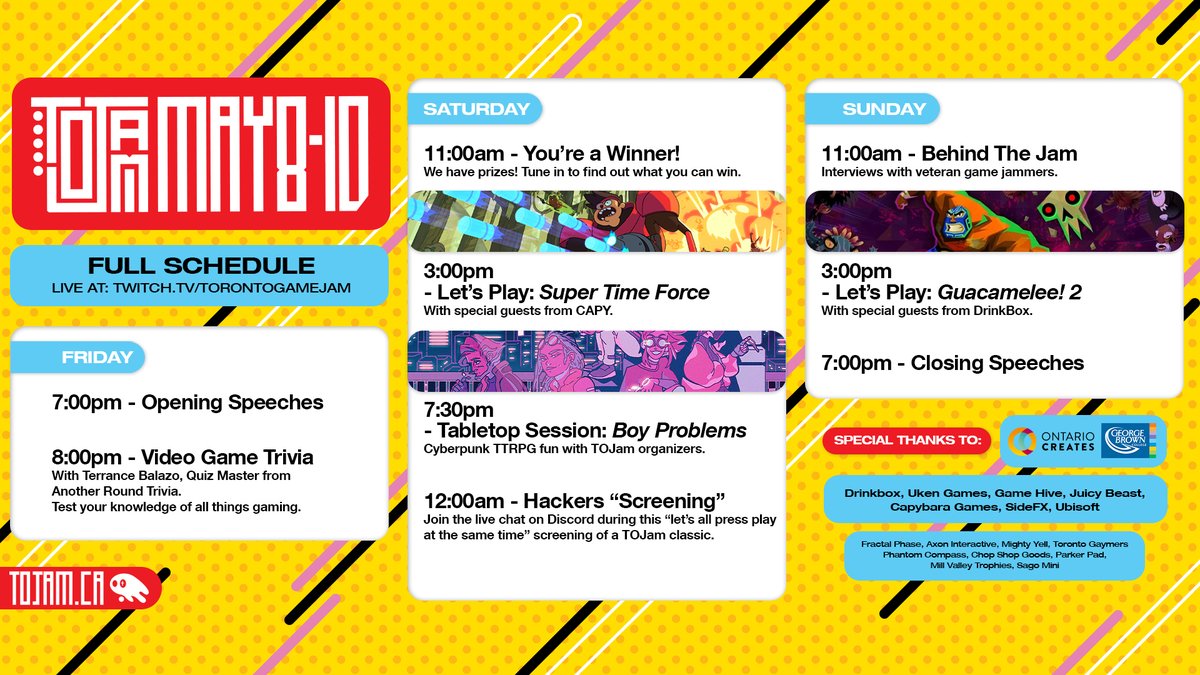 Starting tomorrow, we'll be streaming LIVE into your homes all weekend long! Check out the schedule and join us at twitch.tv/torontogamejam ✨