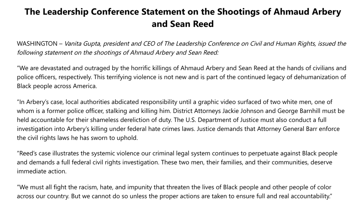 Screenshot of our statement on the shootings of Ahmaud Arbery and Sean Reed. The full statement is available at the link in the original tweet.