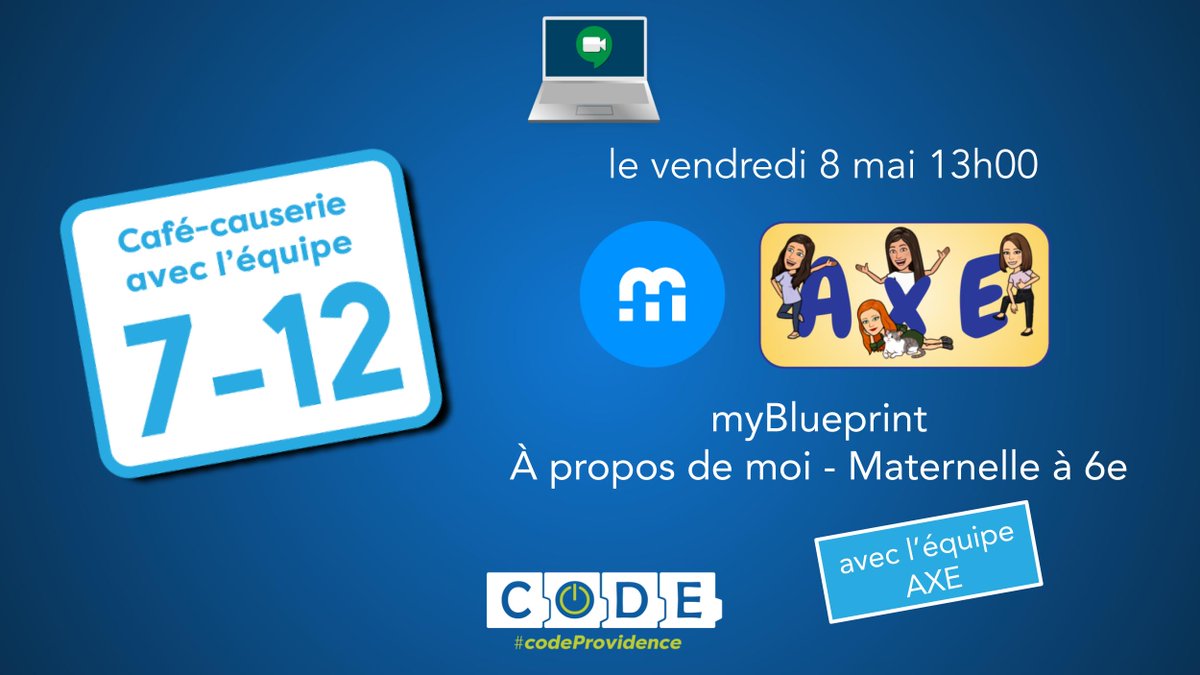 CscpTechnoped's tweet photo. Rejoignez-nous demain après-midi à 13h00 pour notre Café-causerie @myblueprint avec @equipe_AxE via @google_meet @CscProvidence #apprentissageàdistance #codeprovidence #çavabienaller https://t.co/4QRnH5LIi2