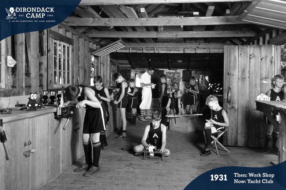 adirondackcamp's tweet photo. TBT: Before it was used for sailing, the Yacht Club building next was a workshop with hand tools and workbenches for campers to craft projects. #tbt #throwbackthursday #adirondackcamp #lakegeorge #history #camp #summercamp #adk #workshop #crafting #vintage #1920s #1930s #1940s https://t.co/uKz0SyRlLY