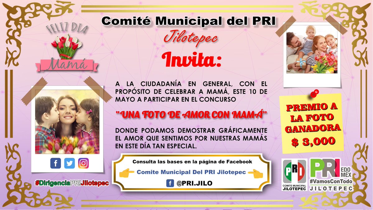 Pri_Jilotepec's tweet photo. #ConcursoFotoConMamá

Participa en el concurso "UNA FOTO DE AMOR CON MAMÁ" y celebra este 10 de Mayo como ella lo merece.

Consulta las BASES en la página de Facebook del Comite Municipal Del PRI Jilotepec

#DirigenciaPRIJilotepec
#QuedateEnCasa https://t.co/KiEnePd0hA