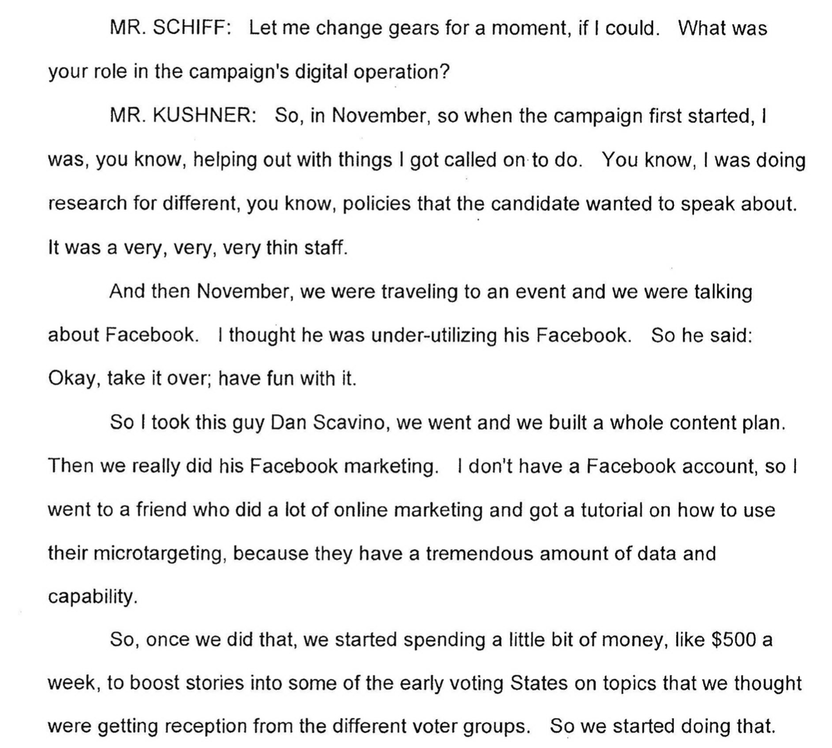 SCHIFF: (after many questions about Deutsche Bank and money laundering) So tell us about "running" the digital operation. KUSH: Facebook is neat!