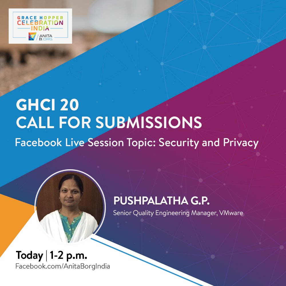 AnitaBorg_India's tweet photo. Head onto Pushpalatha G.P’s FB live today at 1 PM. Her association with #GHCI since 2012 makes her the ideal person to answer any queries you might have about GHCI. https://t.co/1Vipror7cY
FB Live: https://t.co/Pp7SM88wBx #GHCI20 #AnitaBorg #AnitaB #AnitaBorgIndia #AnitaBIndia https://t.co/5t4tcJJ88T