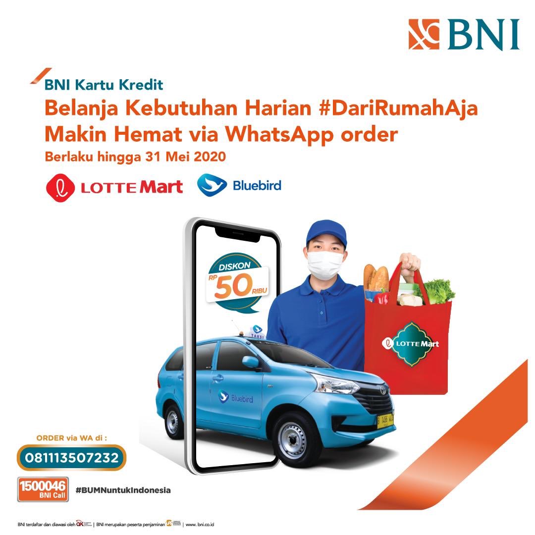 BNI's tweet photo. Kamu bisa penuhi kebutuhan harianmu selama #DiRumahAja dengan aman. Cukup gunakan aplikasi whatsapp Lottemart untuk menuliskan kebutuhanmu, kemudian infokan pada pihak Lotte agar mengantar pesananmu dengan menggunakan Bluebird COD. https://t.co/y1sPFruDoh