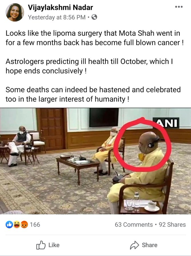  #YeBhaaratKePatrakaarWishing death to others just because we don't agree with their political orientation comes soooooo naturally to some of us!(Link to FB Post, now deleted:  https://m.facebook.com/story.php?story_fbid=10222976603468041&id=1367644348)