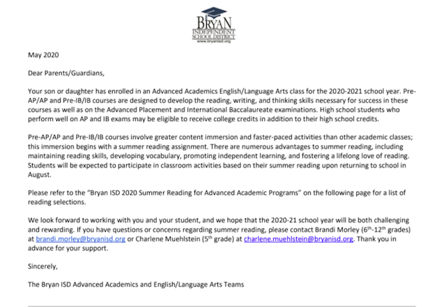ClantonsCorner's tweet photo. Bryan ISD Advanced Academics has released the summer reading information for the 2020-2021 school year. Rudder 9th and 10th grade students will be selecting a text of their choosing. Visit my website for more information. https://t.co/PvgPXdvkDK https://t.co/FgUcMo6xVh