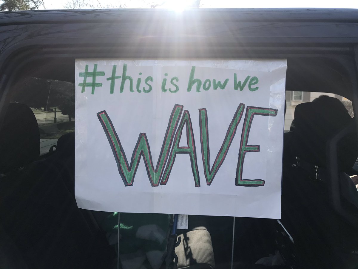 RealMrsOlstad's tweet photo. I got some stickers for the staff parade! Go Green!  #1  We miss miss our students. Here’s our WAVE to you! #EGFPride #thisishowweWAVE https://t.co/dDlIpVHEyS