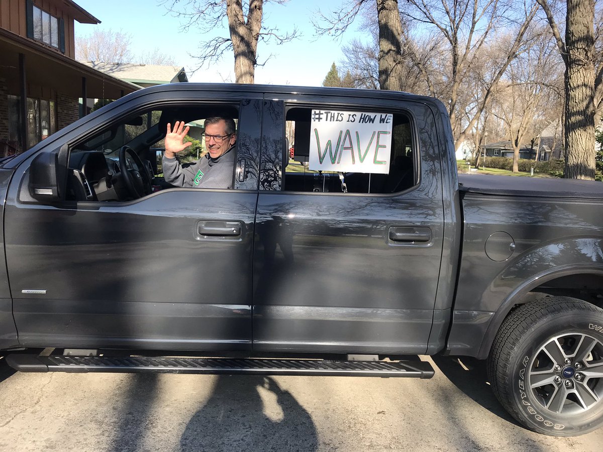 RealMrsOlstad's tweet photo. I got some stickers for the staff parade! Go Green!  #1  We miss miss our students. Here’s our WAVE to you! #EGFPride #thisishowweWAVE https://t.co/dDlIpVHEyS