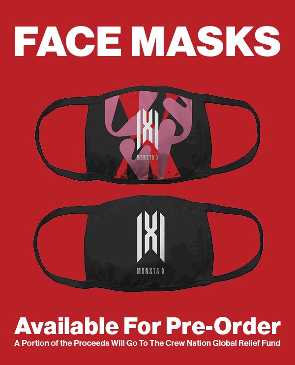 Monsta X just texted with the message 'We have new masks coming around 5 PM PST/8 PM EST'. m.community.com/c7owsvlqU307AOj ❤️ This is what the masks look like. A portion of the proceeds will go to the Crew Nation Global Relief fund. @OfficialMonstaX @official__wonho