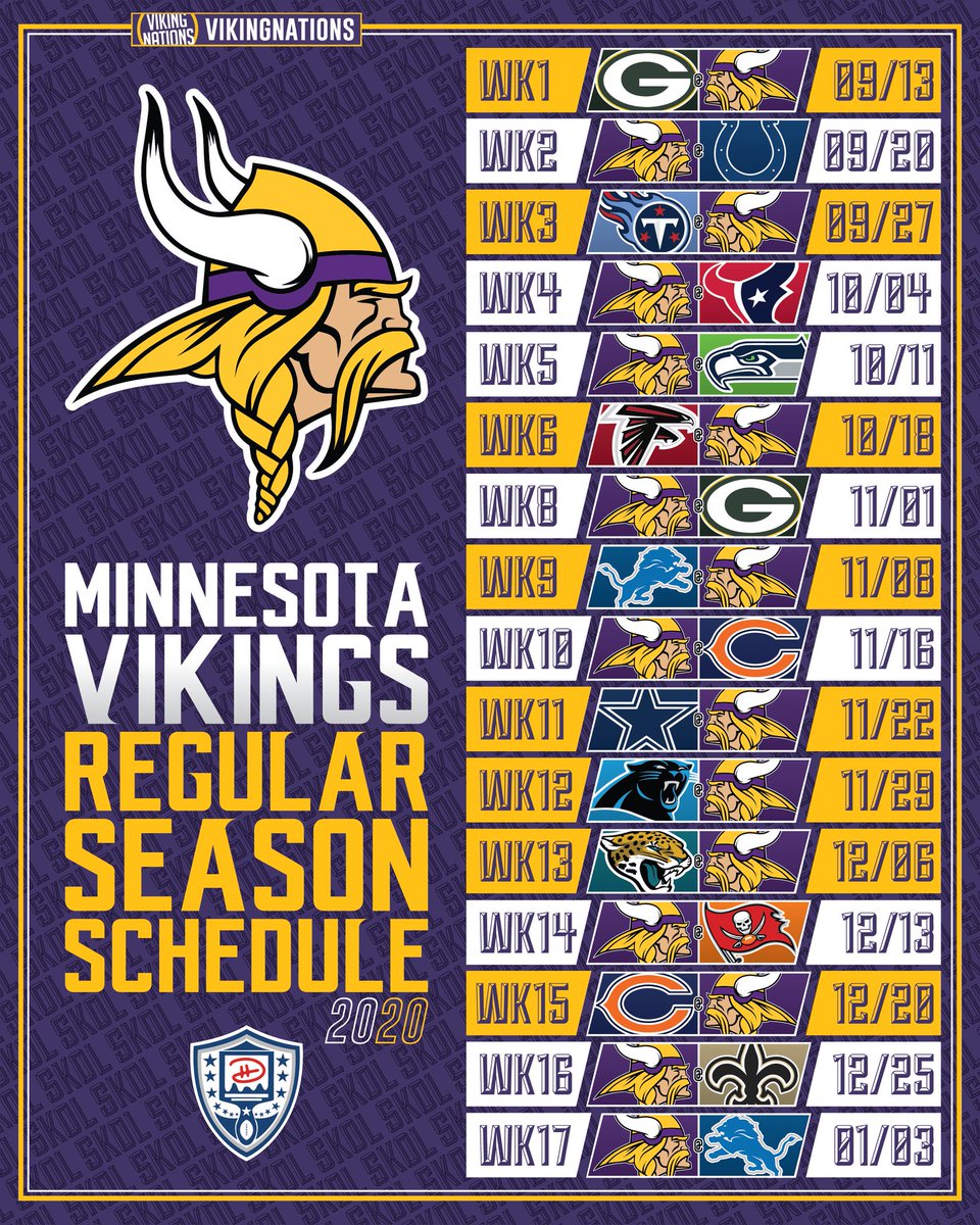 Minnesota Vikings 2022 Season Schedule Vikingnations No Twitter: "Your Minnesota #Vikings 2020 Regular Season  Schedule. #Skol Https://T.co/9Eoibz0Hcs" / Twitter