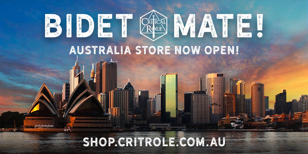 CriticalRole's tweet photo. We are excited to announce the launch of our brand new AU webstore! Critters living in Australia will now have access to faster delivery times as well as reduced shipping costs. 

Check out our blog for more info! 

Shop: https://t.co/ksf03Jgoq6
More info: https://t.co/Rkxl5ntUx6 https://t.co/8zPjhnIwQy