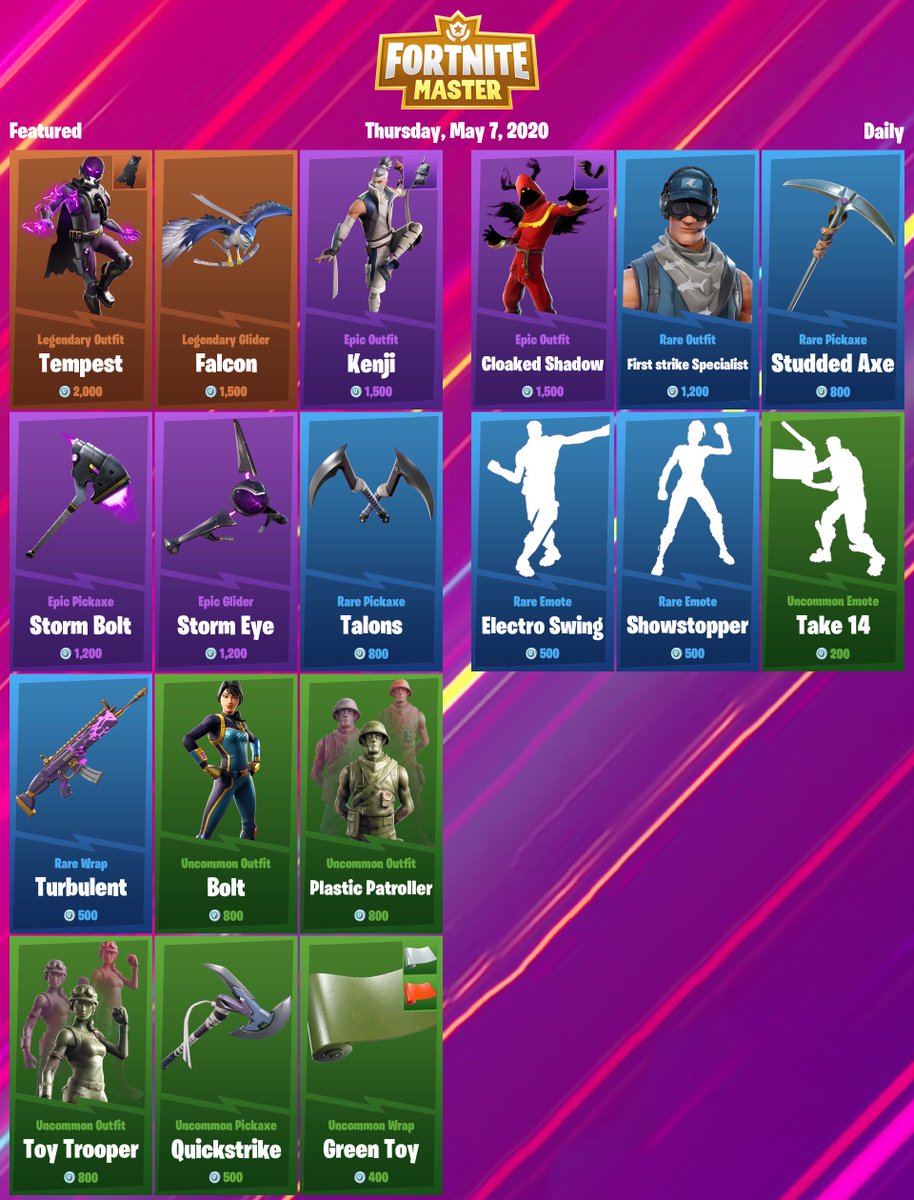 #Fortnite Item Shop for Thursday, May 7, 2020

Support-a-Creator Code: FNMasterCom