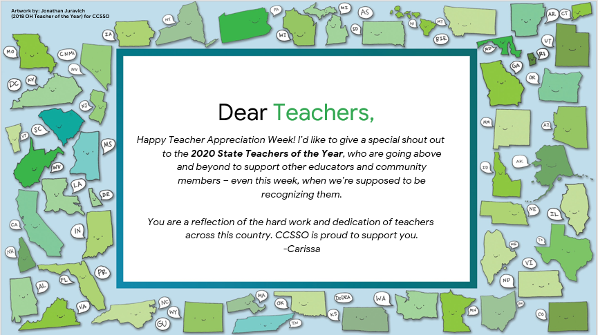 CCSSO's tweet photo. Thank you all for participating in the #AskaTeacheroftheYear Twitter chat! Teachers, and parents, deserve a raise after this! 
#NTOY20

CC: @CMoffatMiller https://t.co/oHcmnyi5h5