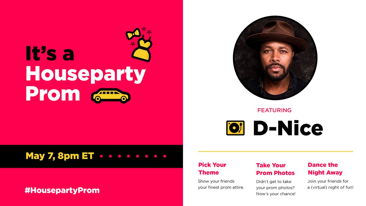 houseparty's tweet photo. #HousepartyProm continues with @djdnice
starting right now! Pull his set into your room on @houseparty by tapping the TV icon at the top of the screen and hitting the 'watch' button. Let's dance the night away! https://t.co/ierjkepvxJ