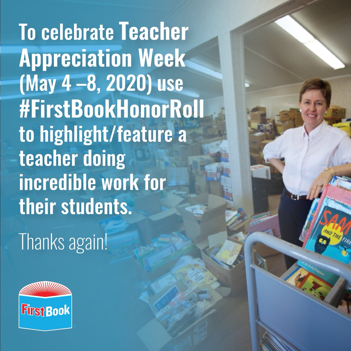 FirstBookMarket's tweet photo. For #TeacherAppreciationWeek, we want to show our appreciation by offering  $100 credit to the First Book Marketplace for another ten much-appreciated teachers! 

Nominate a teacher serving kids in need with #FirstBookHonorRoll for a chance to receive more books! https://t.co/2vbwZJ5t60