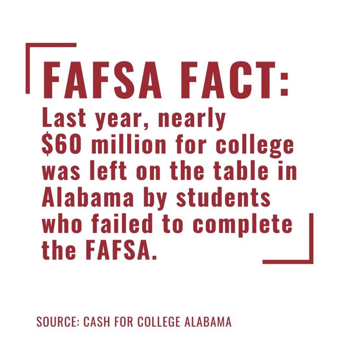 AlabamaAchieves's tweet photo. Don’t miss out on your opportunity to receive funds for college.   Complete your #FAFSA today.  Need help completing #FAFSA? Text 334.346.6615
.
#cash4collegeweek #cash4college #cashforcollege #alsde #alabamaachieves https://t.co/Rm0Vsi0KWM