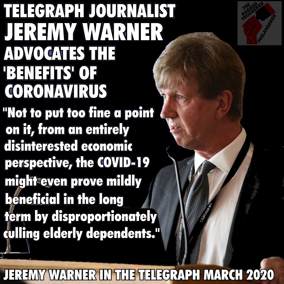 Britain_People's tweet photo. "Telegraph journalist says #coronavirus ‘cull’ of elderly could benefit economy"
Utterly shameful and dehumanising perspective from this disgusting #Tory rag.
The irony is that #Telegraph readers, whose average reader age is 61, are amongst those most at risk.
"#TruthEmerges" https://t.co/1OZScPFIjw