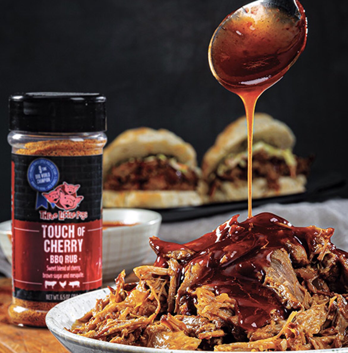 ChampBBQ's tweet photo. Three Little Pigs Touch of Cherry rub, perfect match for pulled pork on a bun topped with coleslaw, available at Lowe’s Hardware . #BBQ #threelittlepigsrubs #touchofcherry #best #best2020 #touchofcherryrub @ChrisMarksBBQ @Lowes @Lowes_Canada https://t.co/pON8ZjkZrx