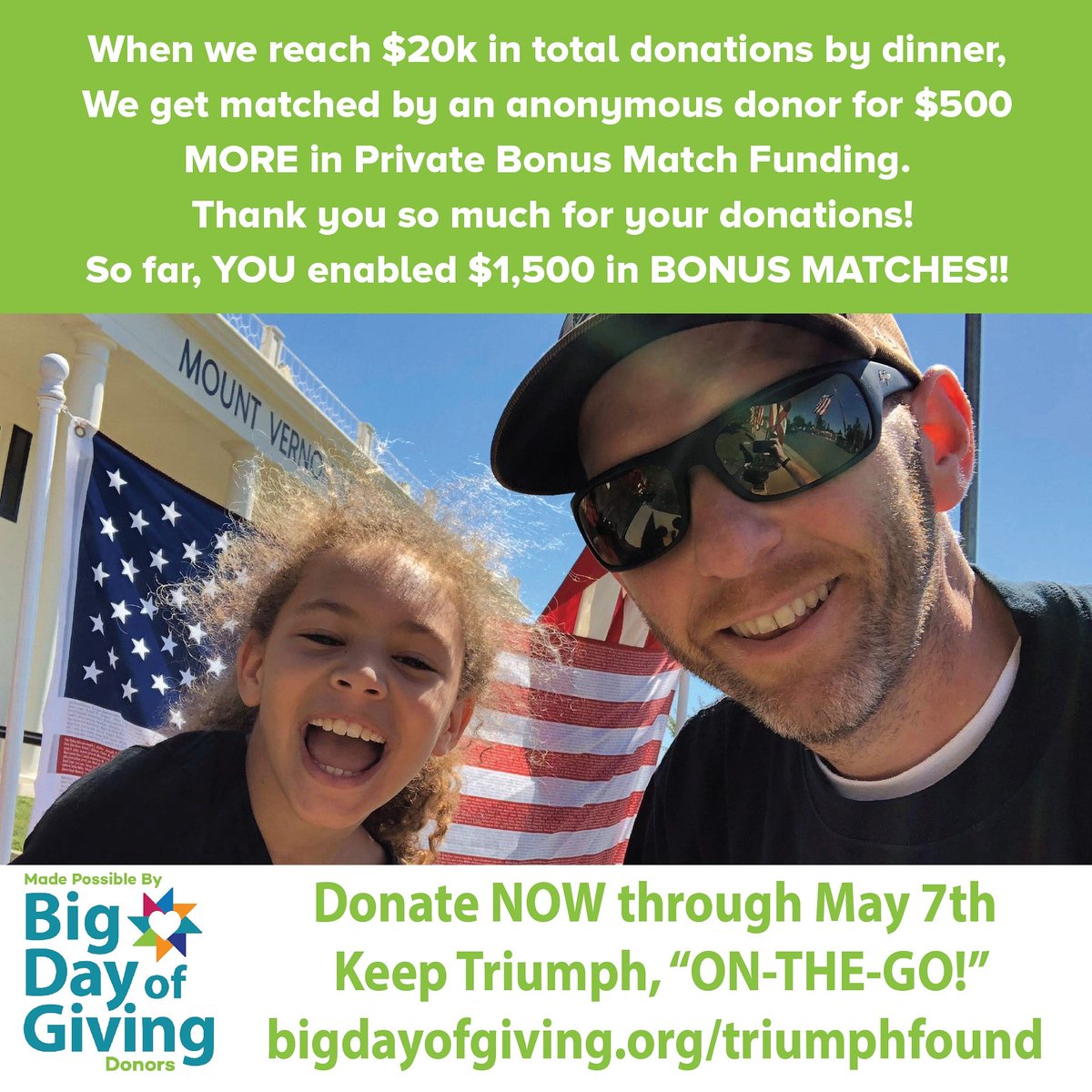 Less than $30 to go until we unlock MORE bonus matches!!  Bigdayofgiving.org/triumphfound