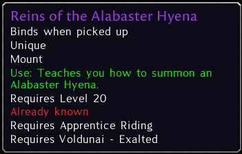 Rapidfire_moose's tweet photo. Check out this item I just got! [Reins of the Alabaster Hyena] #Warcraft https://t.co/7kVpbPmG2W