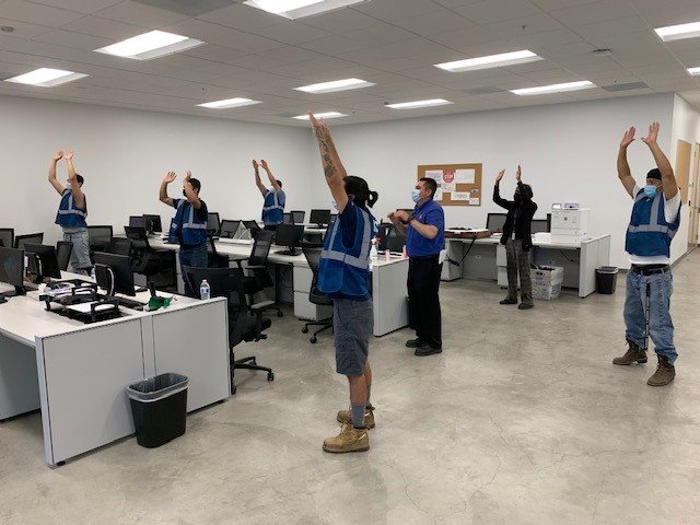 La Mirada Twilight. Dynamic warm up stretching led by Cornerstone instructor Ricardo Gonzalez and Valerie Little. Safety and Retention matters.