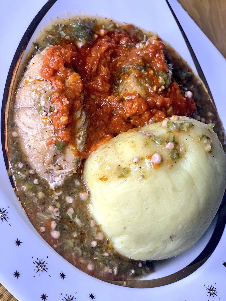 Day 10: sweet potatoe Swallow with okro soup, assorted cow meat pepper soup, fruits (pawpaw/watermelon cut)