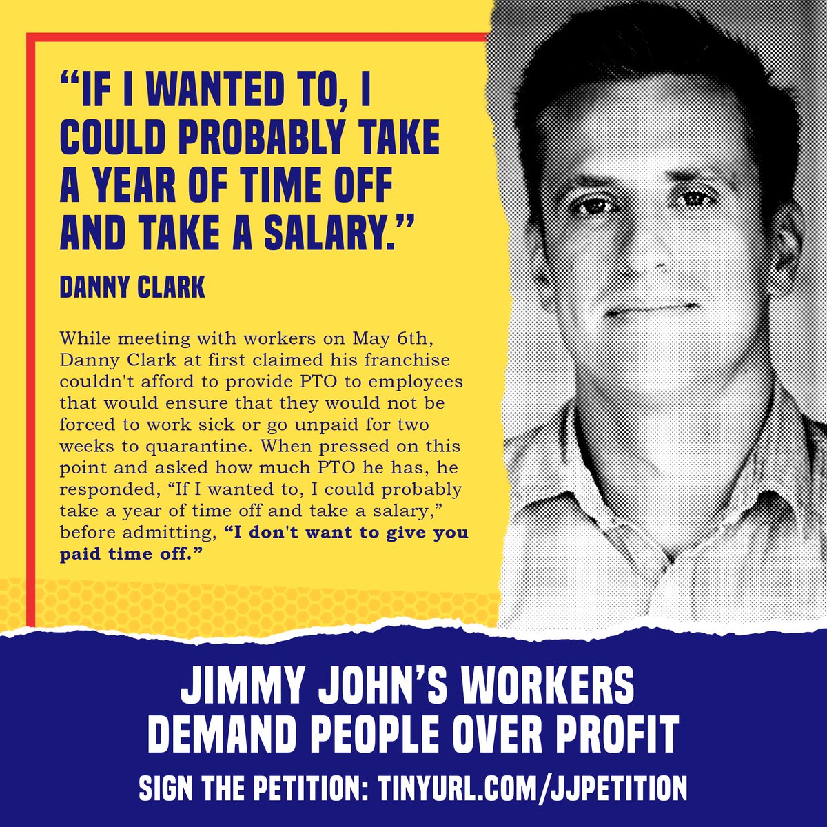 JimmyWorkers's tweet photo. We know that our request for emergency sick leave for the duration of this crisis is not an unreasonable one, and while speaking with him in our meeting, the co-founder made that very clear to us!
Sign and support our petition here: https://t.co/Dx59T92RML
#JJWorkersUnited https://t.co/kYItjz4KnC