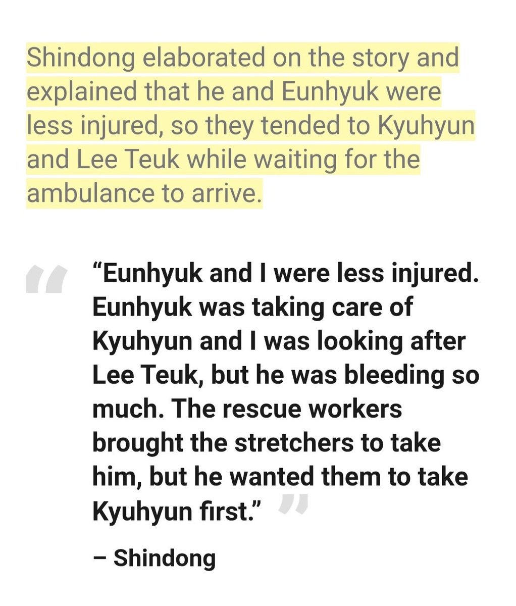 in 2007, four of Super Juniors members were involved in a car accident on the way back from their radio show. amongst them Leeteuk and Kyuhyun were the most seriously injured. Teuk was bleeding heavily hut told the paramedics to take Kyu first
