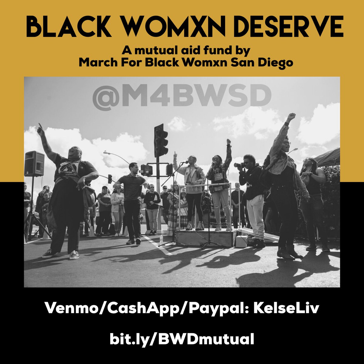 M4BWSD's tweet photo. We officially launched our Black Womxn Deserve fund today to show up for Black Womxn and femmes during this COVID and beyond. All funds can be sent to KelseLiv (PayPal/Venmo/CashApp). If you’re in SD county and want support https://t.co/c9YGFOlxTQ #m4bwsd https://t.co/E3KfD1NW6p