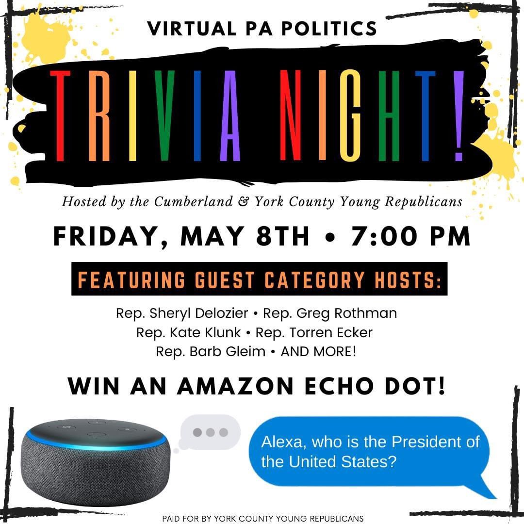 There is still time to register for our PA Politics Trivia Night tomorrow (link in bio). We will he joined by special guests <a href="/KristinPHill/">Kristin Phillips-Hill</a> <a href="/wgregrothman/">Greg Rothman</a> <a href="/KateKlunk/">Kate Klunk</a> <a href="/TeckerEsq/">Torren Ecker</a> <a href="/RepGleim/">Rep. Barb Gleim</a> &amp; <a href="/RepDelozier/">Sheryl M. Delozier</a>. We also are giving away an Amazon Echo Dot to our winner! #LeadRight
