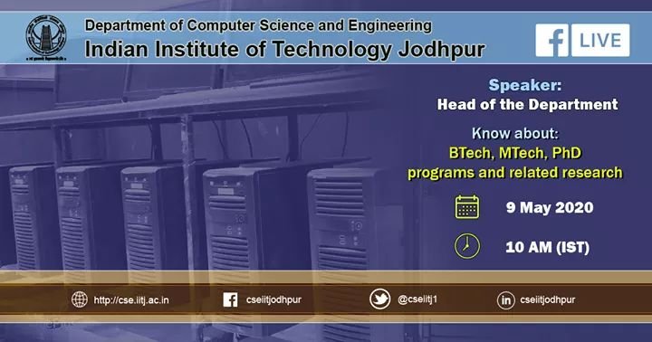 The Head of the Department will talk about the academic programs and research activities at the department here LIVE on May 9, 10 AM (IST). Please join us and also share the information with all who may be interested.