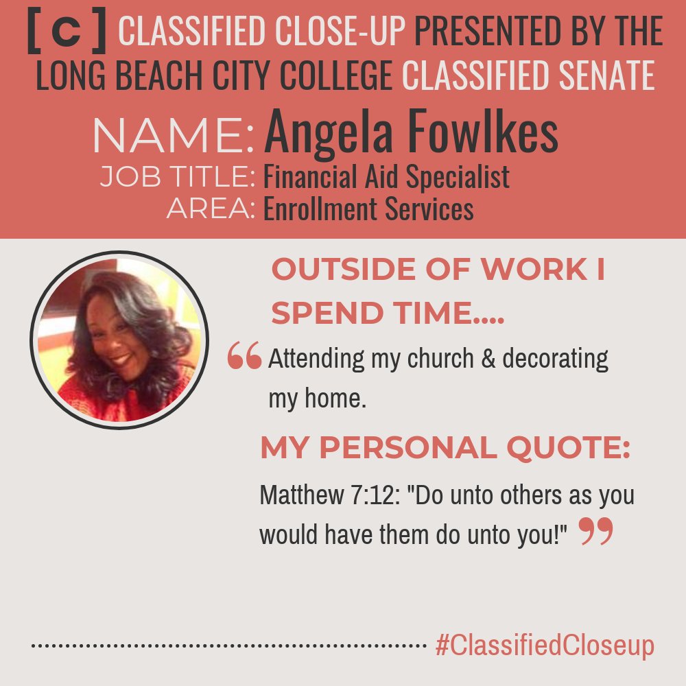 CSenate_LBCC's tweet photo. The @lbcitycollege #ClassifiedSenate is pleased to recognize Classified employee Angela Fowlkes for our next #ClassifiedCloseUp. Angela is a kind, caring & compassionate employee and we are thrilled to highlight her contributions to LBCC! ♥️
#ClassifiedSenateLBCC #LBCityCollege https://t.co/5XZygcl2Jk