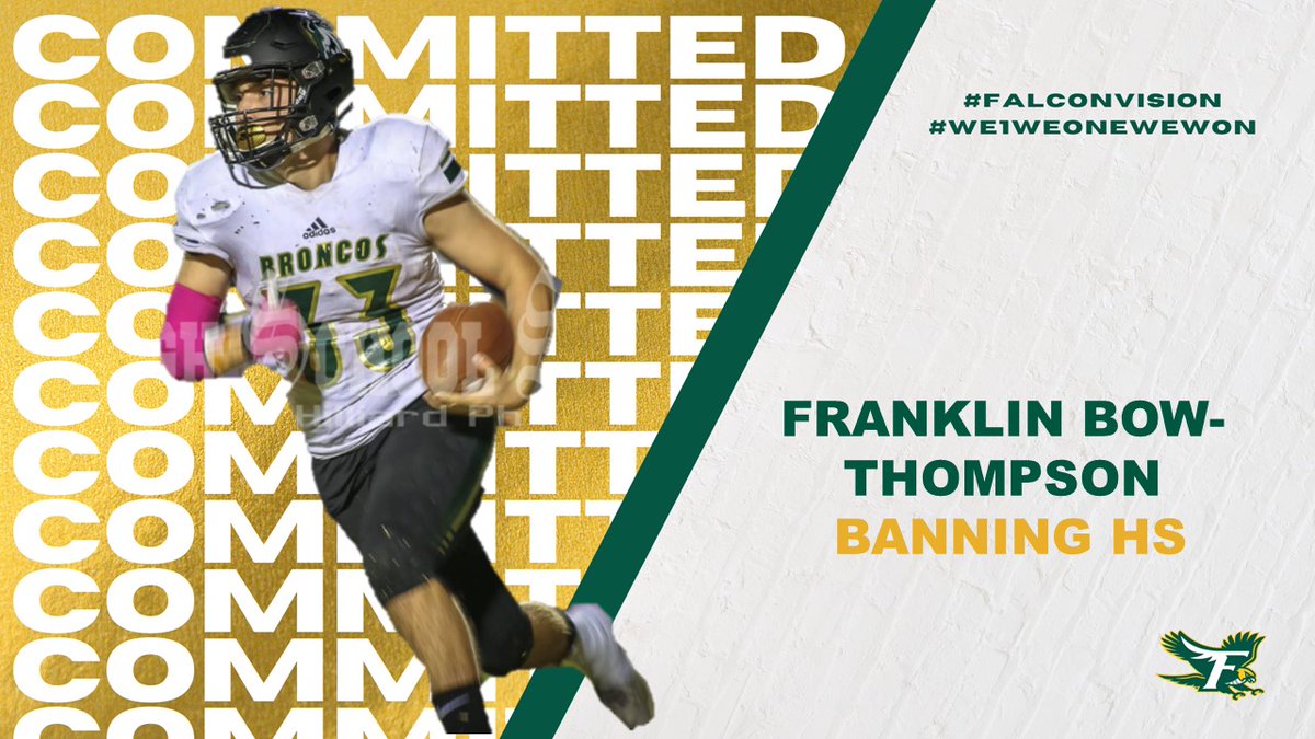 FSUFalconsFB's tweet photo. The first of our Falcons that will be flying cross country to Fitchburg is Franklin Bow-Thompson from Banning High School.  @BowFranklin played his HS ball for our OC Qua'sand Lewis. Welcome to the family Franklin! #CaliforniaGoldRush #FalconVision #We1WeOneWeWon #fsufalconsfb https://t.co/Y7Kz1JfKAx