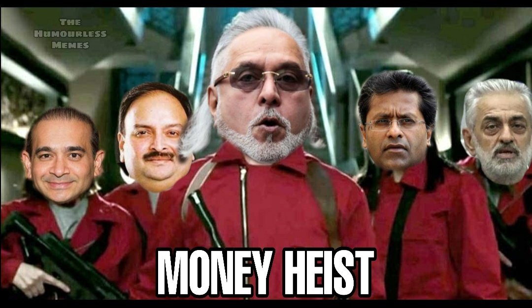 thehumourlessm1's tweet photo. Money Heist - Indian version

#TheHumourlessMemes #MoneyheistPart4 #MoneyHeist #VijayMallya #niravmodi #lalitmodi #mehulchoksi https://t.co/on9XXIq8zl