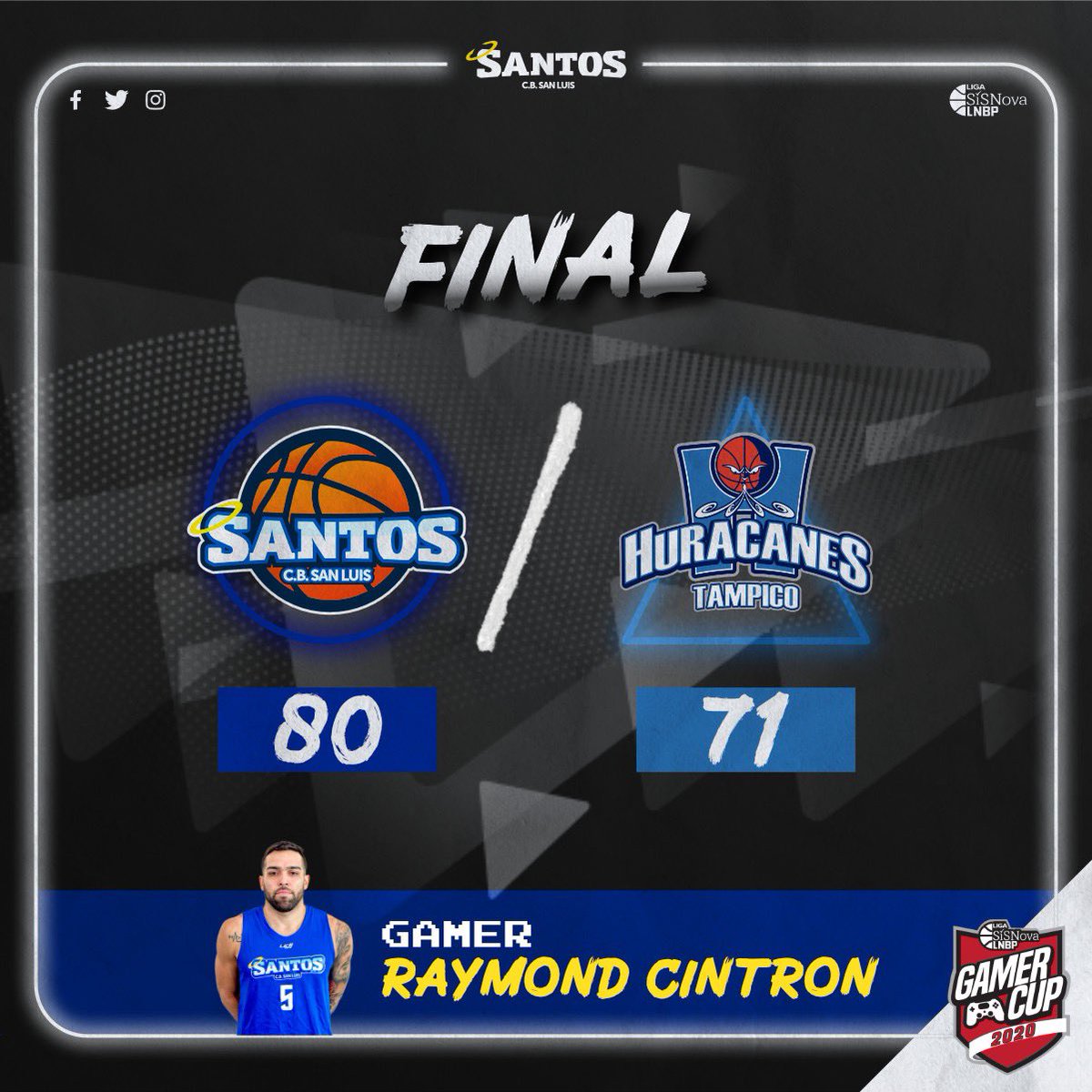 CBSantosSanLuis's tweet photo. 🏆 GAMER CUP LNBP 2020 🎮🏀 #KFCSLP
¡Que gran juego, después un empate en el último cuarto, remontamos en el Tiempo Extra y nos llevamos la #SantaVictoria a cargo de @raymond15pr! 👊
#SomosCBSantos 🆚 @HuracanesCB
#QuédateEnCasa 💙💛
@lnbpoficial
@ssaslp @inpode_oficial https://t.co/FKNc9fYjcU