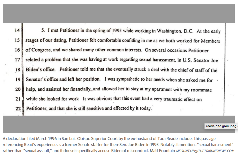 ByronYork's tweet photo. New evidence: '1996 court document confirms Tara Reade told of harassment in Biden’s office.' From @SLOTribune: https://t.co/pJOzoE3ofG https://t.co/34CuctZZDj